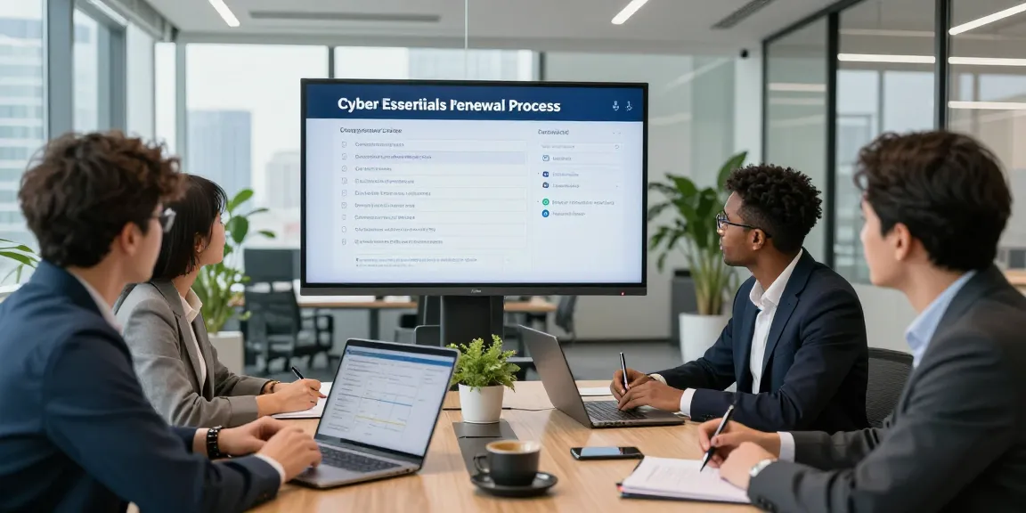 Cyber Essentials renewal process discussion with a cybersecurity team in a modern office, emphasizing compliance and strategy.