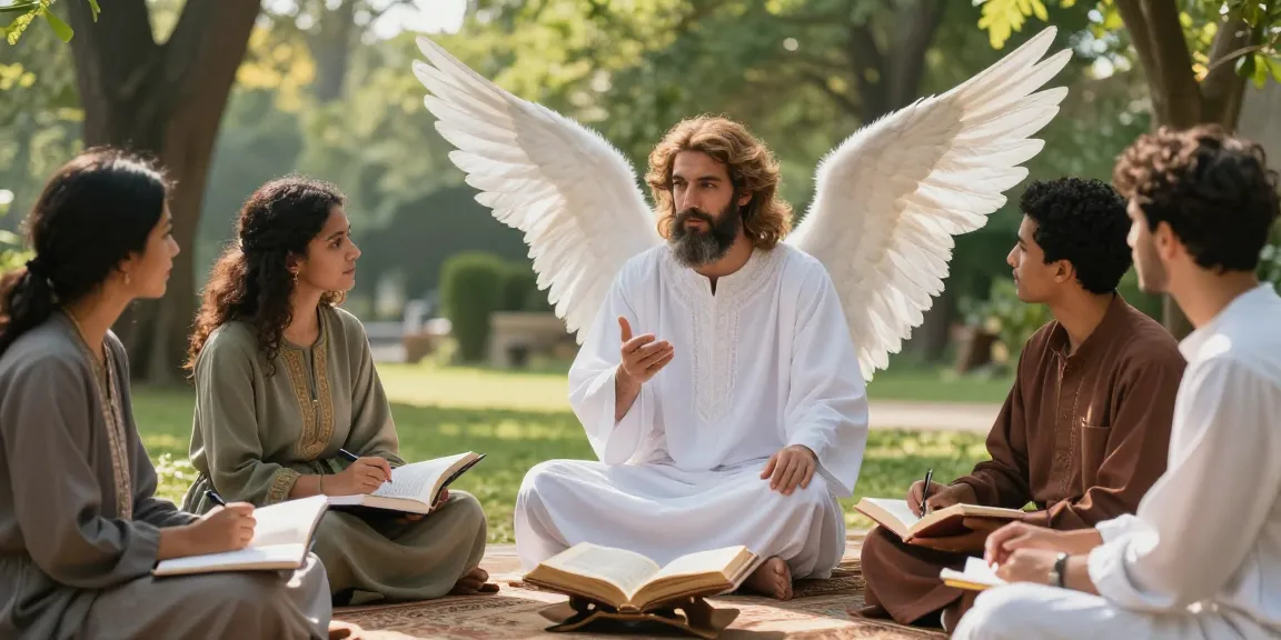 Angel Jibreel sharing divine knowledge with diverse individuals in a serene outdoor setting.