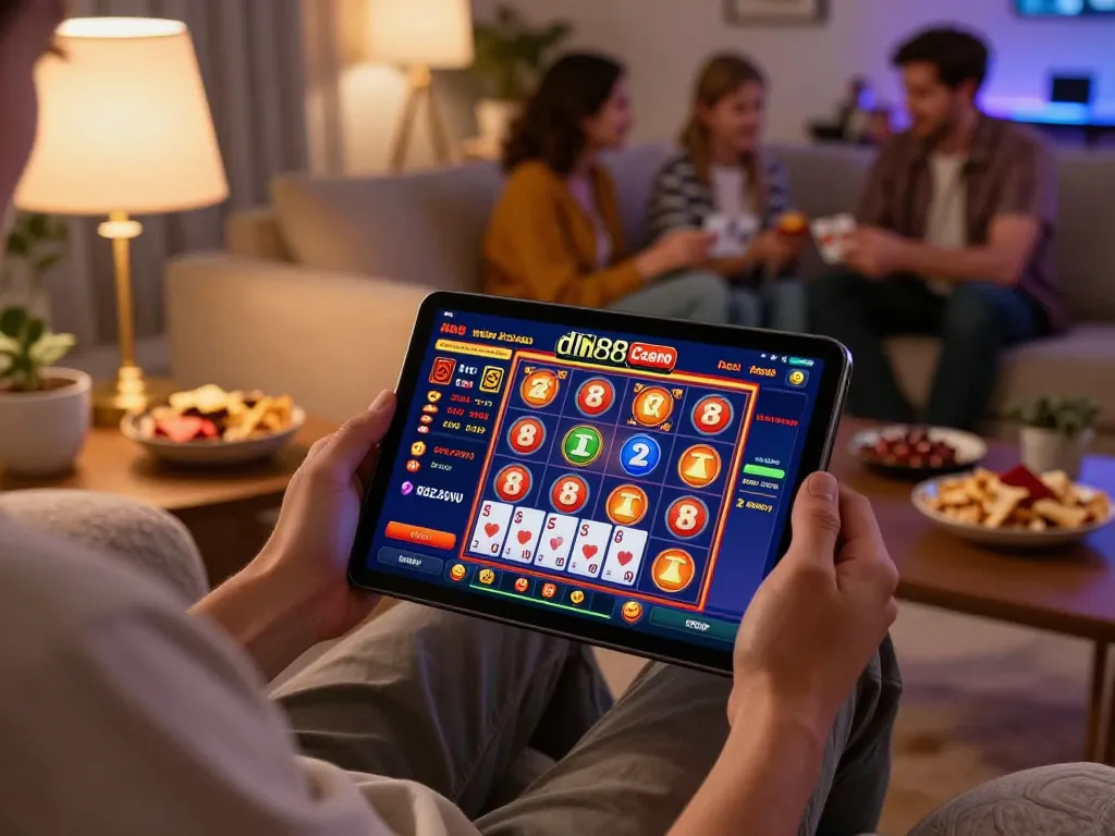 Player using dn88 app on tablet for online casino gaming, showcasing vibrant interface.