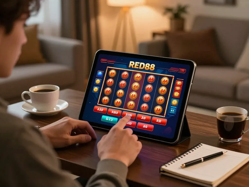Player engaging with RED88 online betting interface in a stylish home setting.