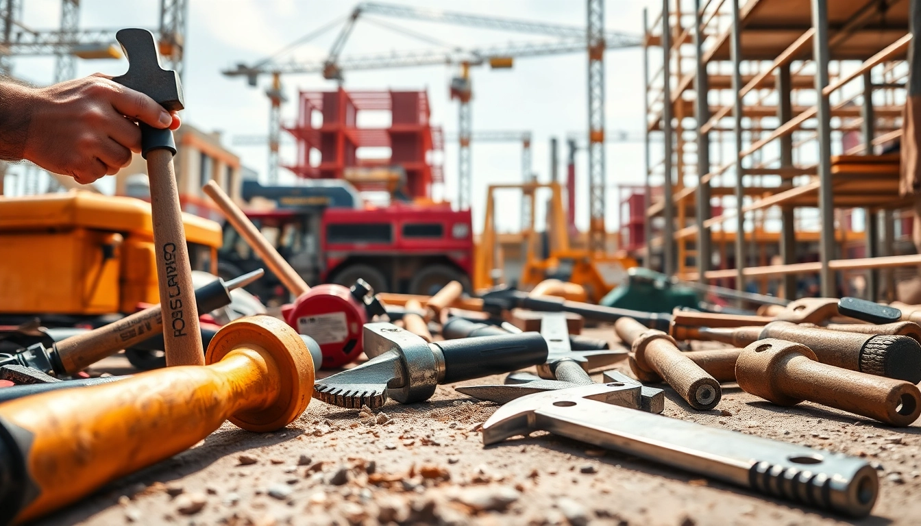 Vetrina di utensili edilizia in un cantiere con lavoratori e attrezzi in azione.