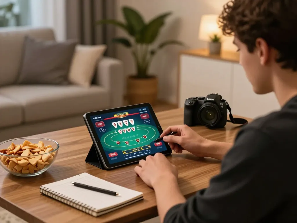 LC88 player engaging in online poker on tablet with strategic notes nearby