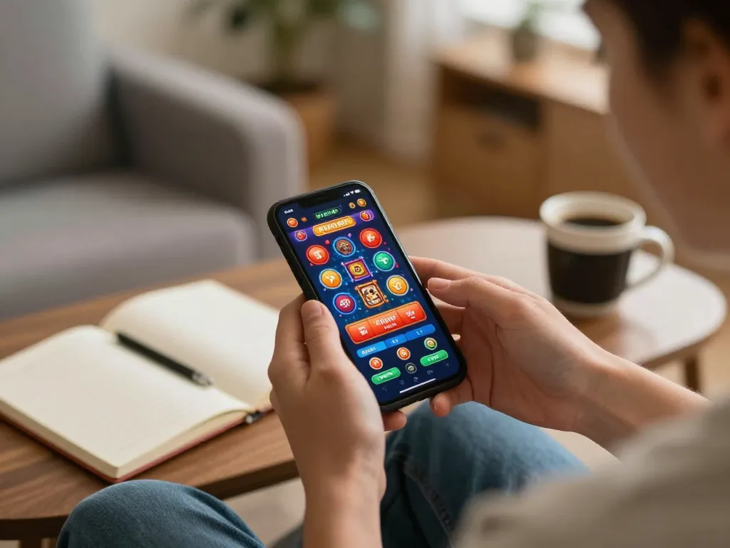 Player engaging with tg887 casino app on smartphone in cozy home setup.