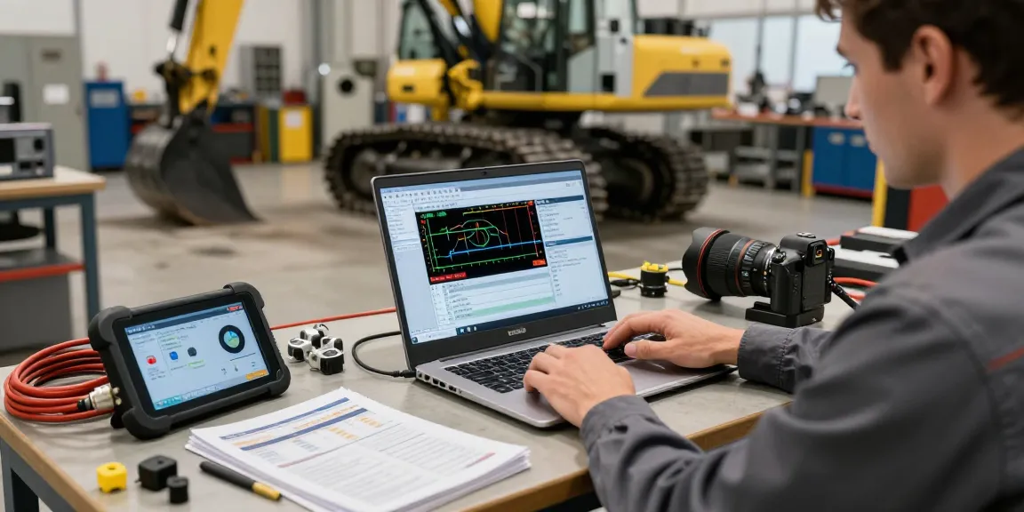 Technician using CAT ET software for diagnostics on heavy machinery in a modern workshop.