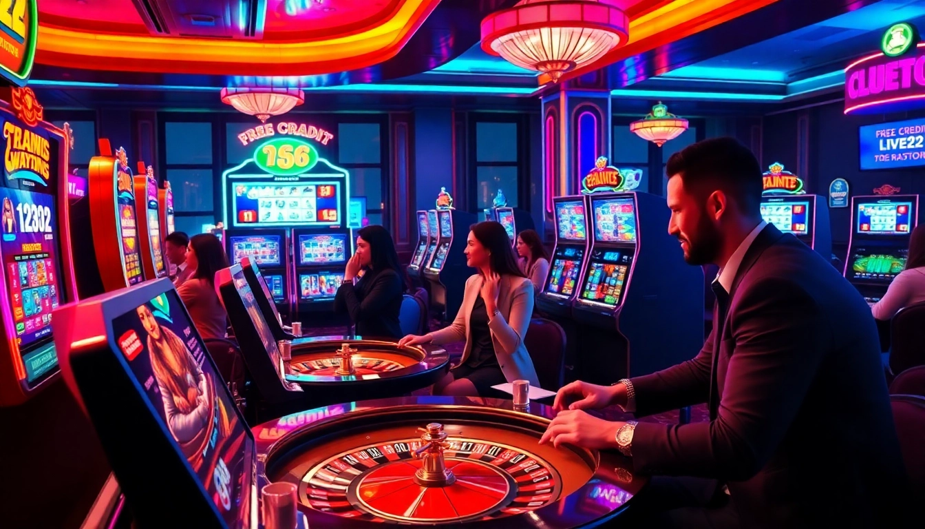 Players winning free credit live22 at a dynamic online casino with vibrant slot machines and roulette wheels.
