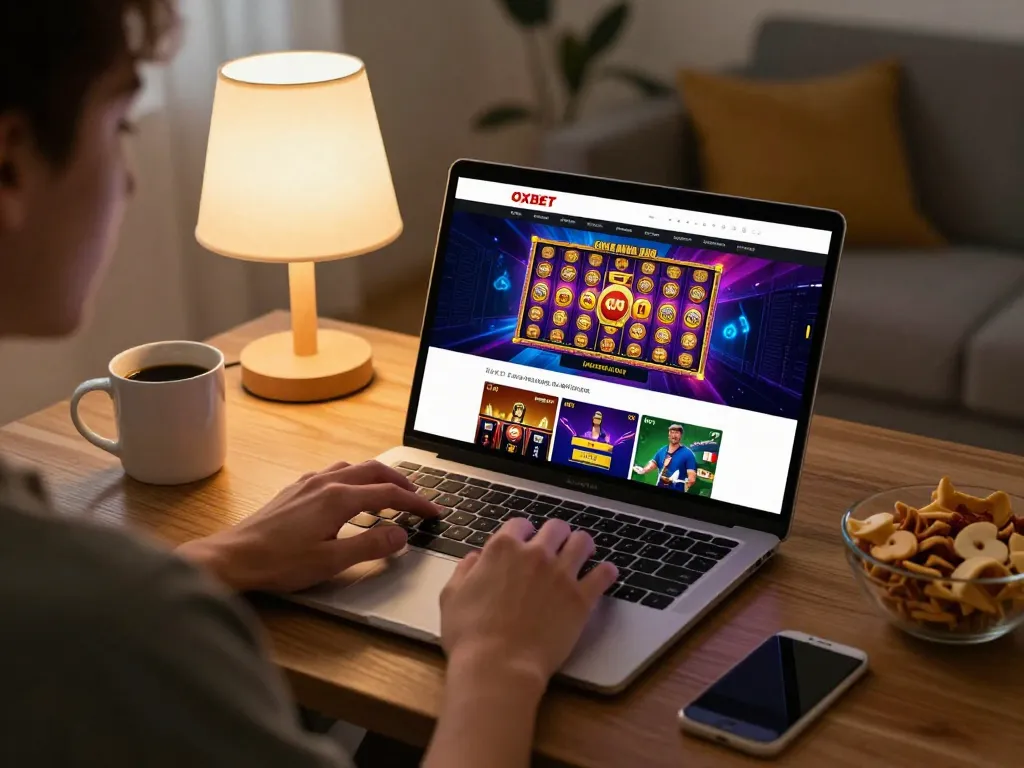 Player enjoying OXBET online casino on laptop in a cozy home setup.