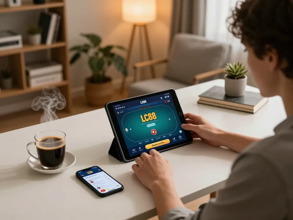 Person engaged in online poker gameplay on LC88 with tablet and smartphone.