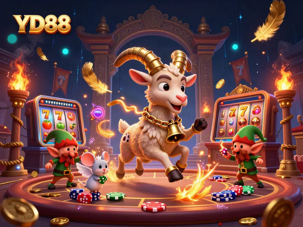 Win big with YD88: 3D illustration of casino fun featuring Krampus, an angel mouse, and elf gremlins.
