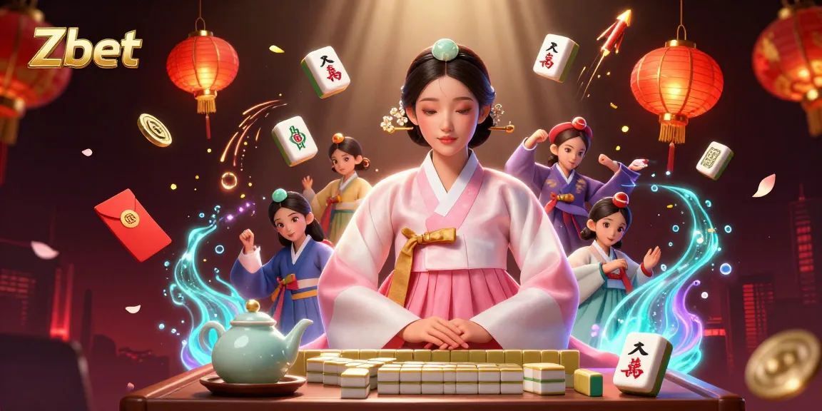 Zbet showcases a serene Asian woman in a traditional hanbok amidst dynamic gambling elements and festive decorations.