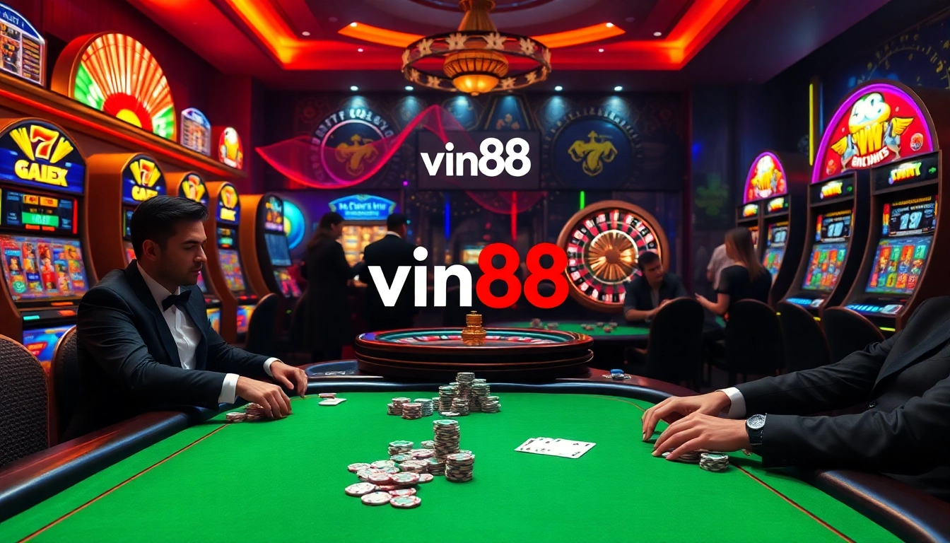 Experience the thrill of premier gaming with vin88 at a luxury casino table featuring vibrant poker chips and cards.