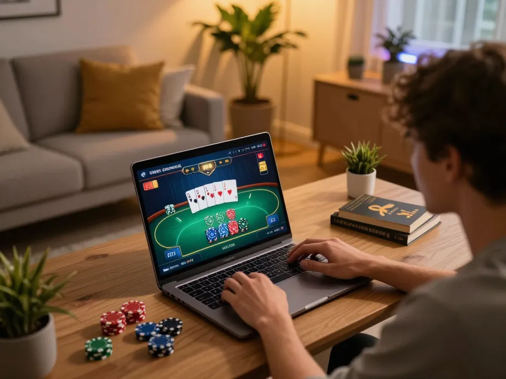 Player engaged with online poker on laptop at home casino setup featuring tr88 interface with cozy decor