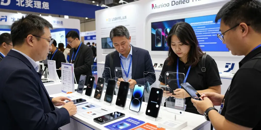 Mobile Tempered Glass Wholesale trade show booth with products displayed and customers interacting.