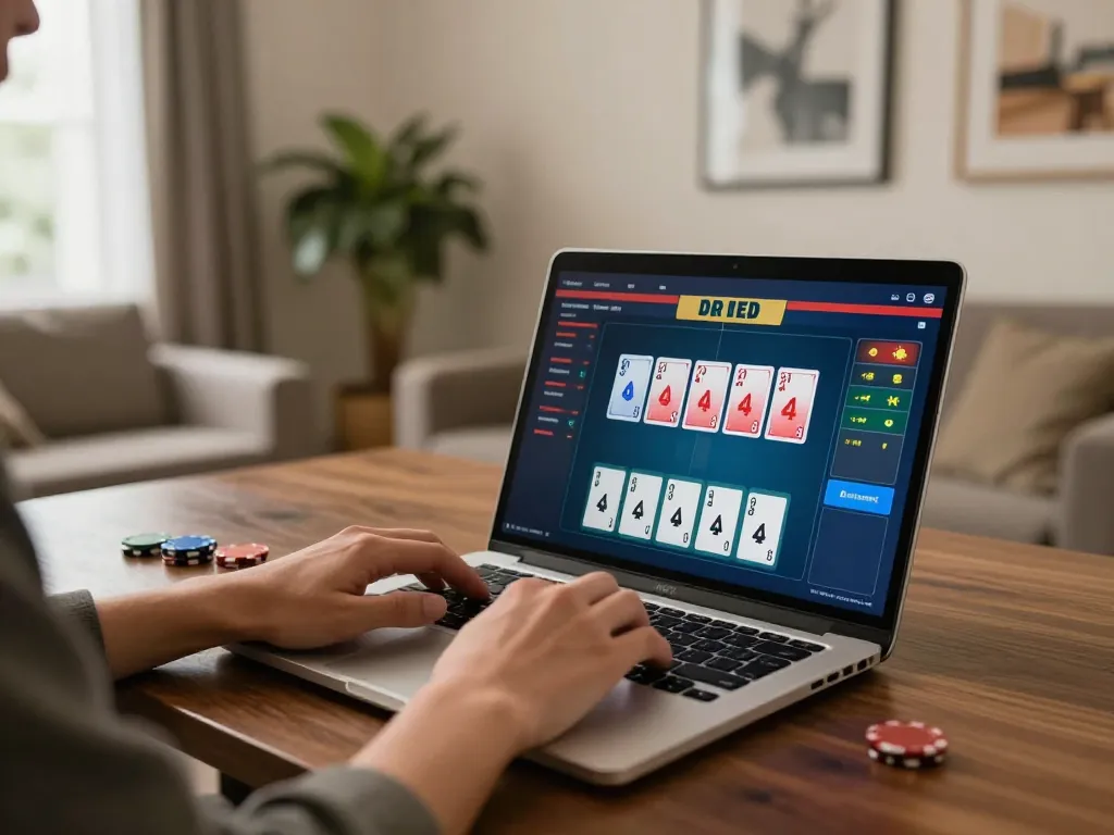 Engaging gameplay scene with DA88 poker setup in modern home, player focused on online game interface