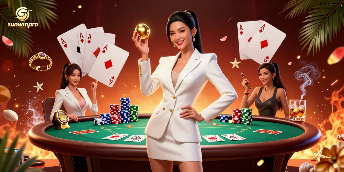 Engage with sunwinpro in a luxurious casino scene featuring a confident Asian woman holding a roulette ball.