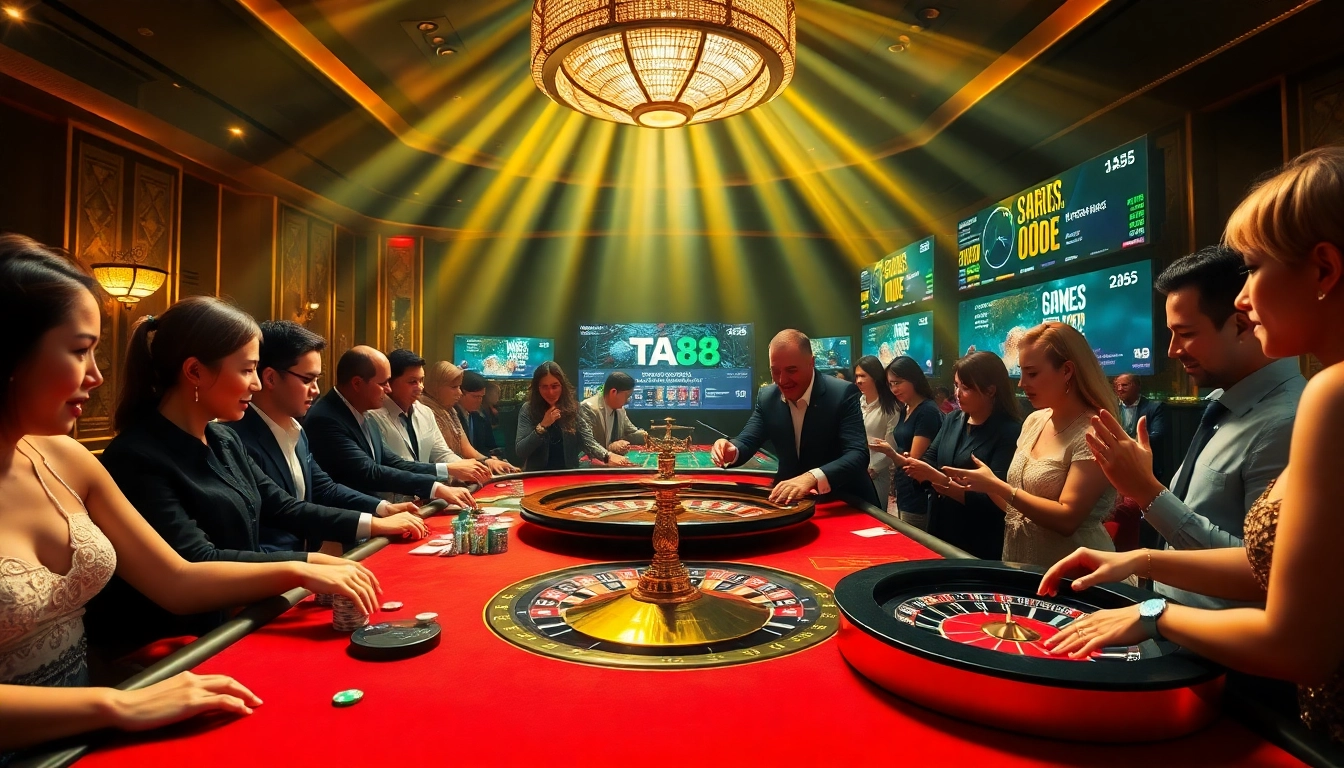 Engaging players at TA88 casino table experiencing the thrill of gambling with vibrant chips and a roulette wheel.