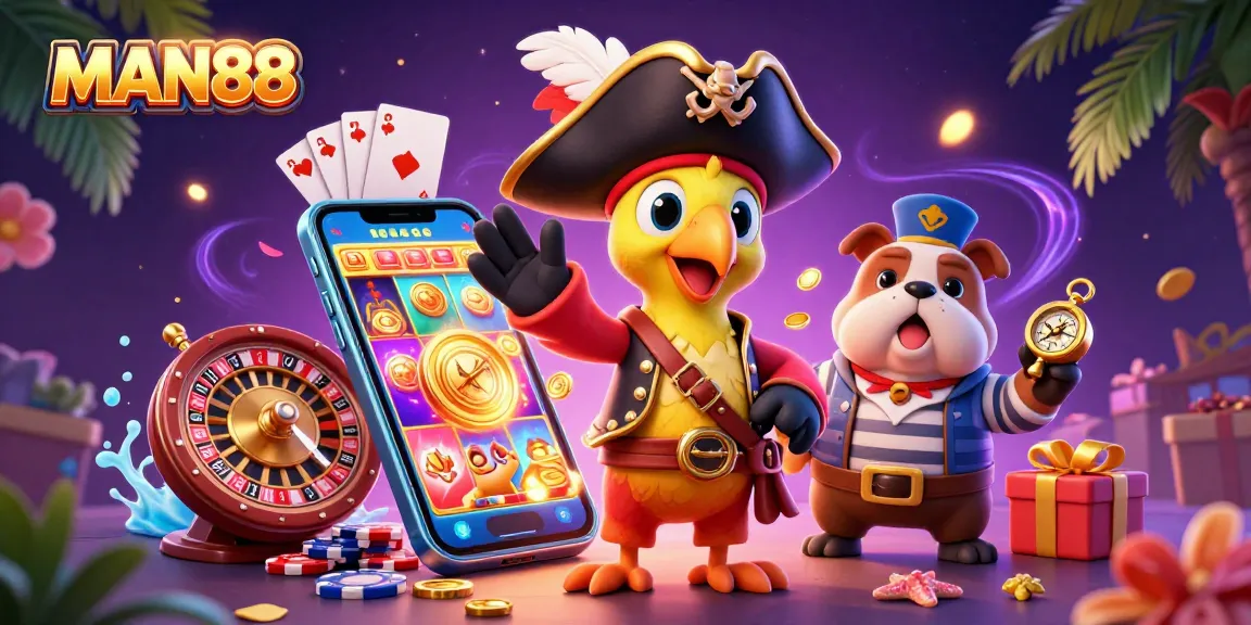 Engage with MAN88's vibrant 3D casino scene featuring exciting games and animated characters.