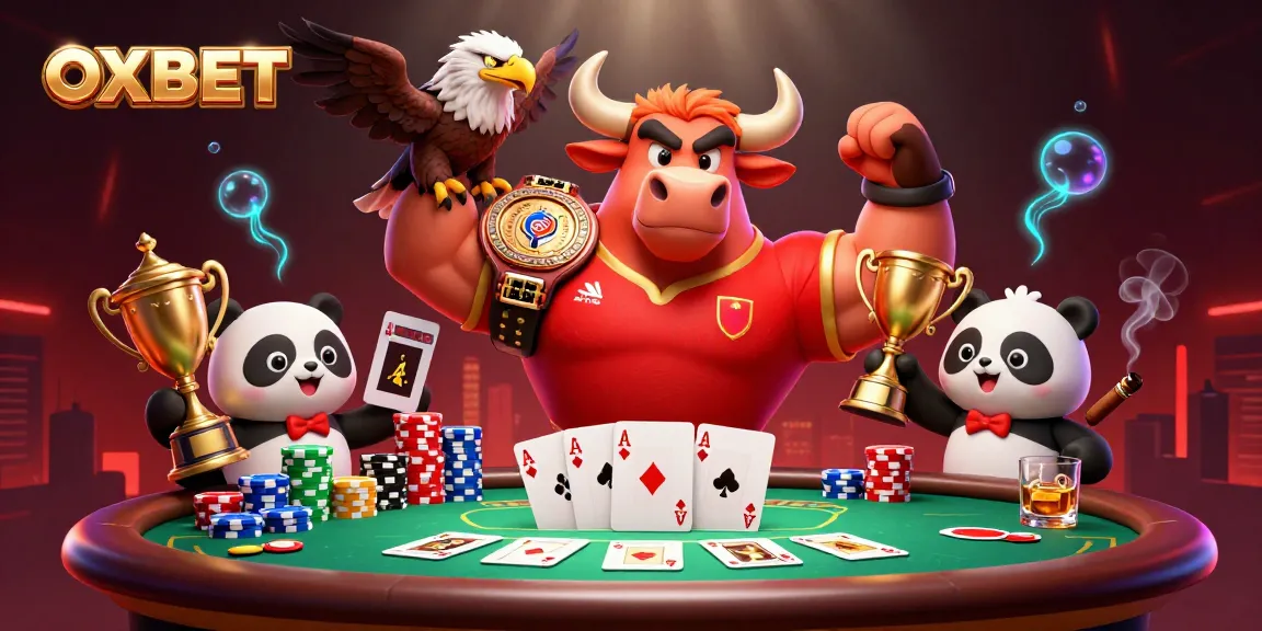 Experience thrilling poker action at OXBET with iconic mascots and casino elements.