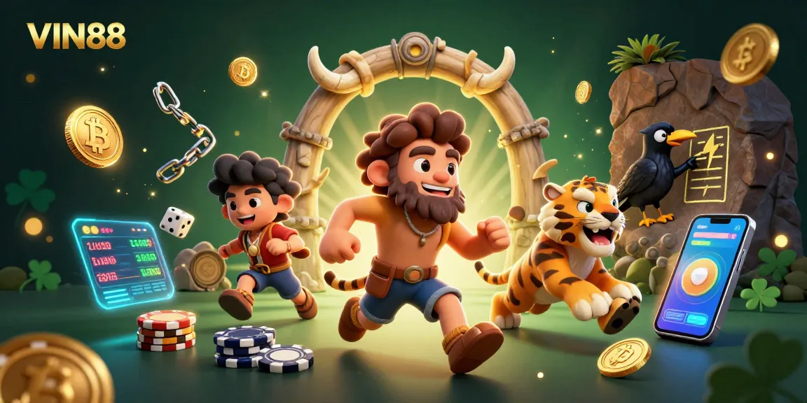 Join the fun at VIN88 with a vibrant cartoon-themed prehistoric casino filled with digital elements.