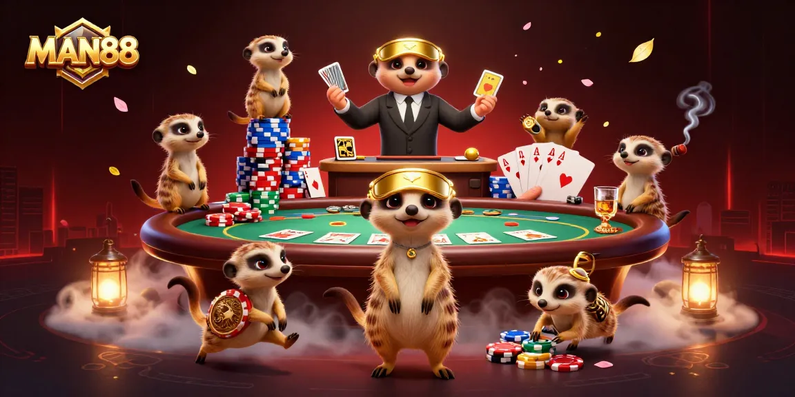 Engage with MAN88's vibrant casino culture through a lively meerkat scene showcasing dynamic poker action.