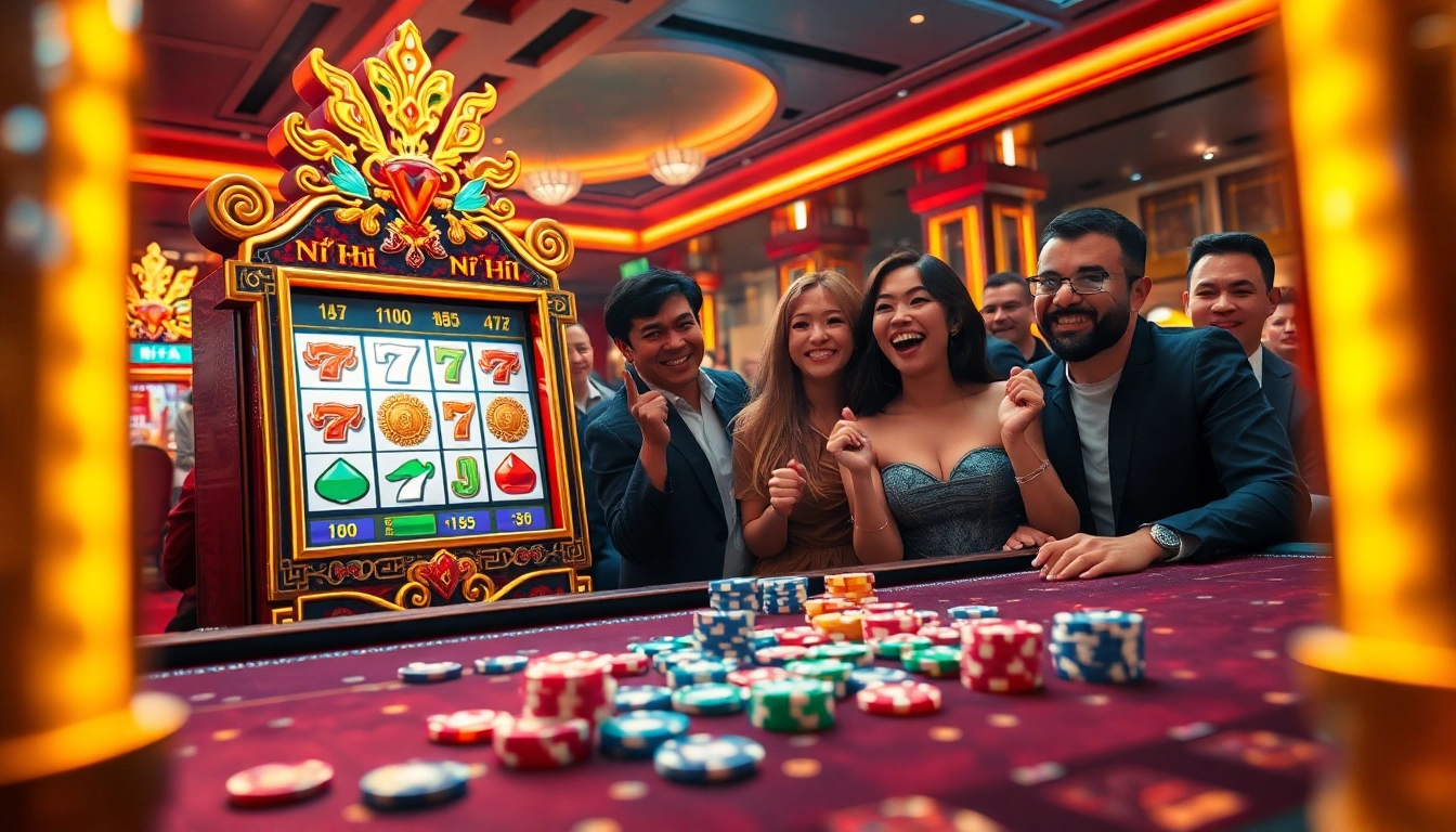 Nổ Hũ casino players celebrating their wins at a vibrant slot machine in a luxurious atmosphere.