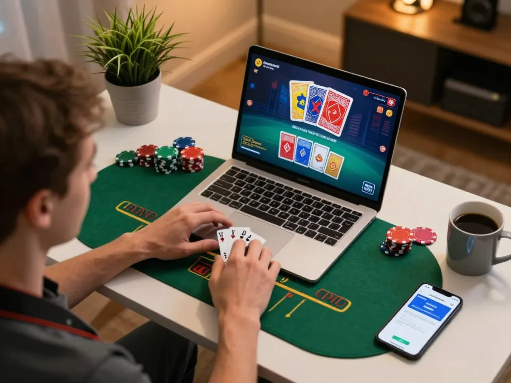 Engaged player on OnBet playing blackjack online from home desk, colorful cards and chips visible