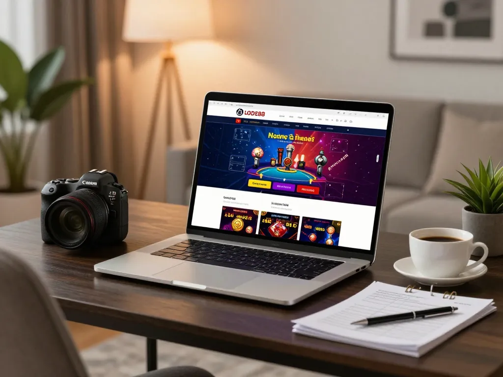 Person engaging in LODE88 online gaming, showcased on laptop in cozy home setting.