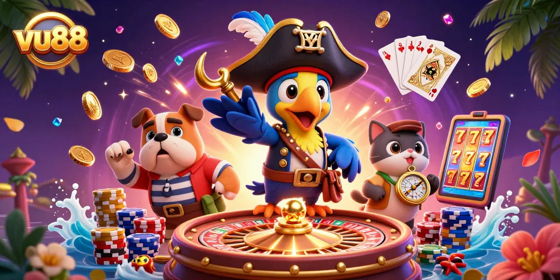 Engage with thrilling gambling magic at vu88 through this vibrant pirate-themed 3D illustration.