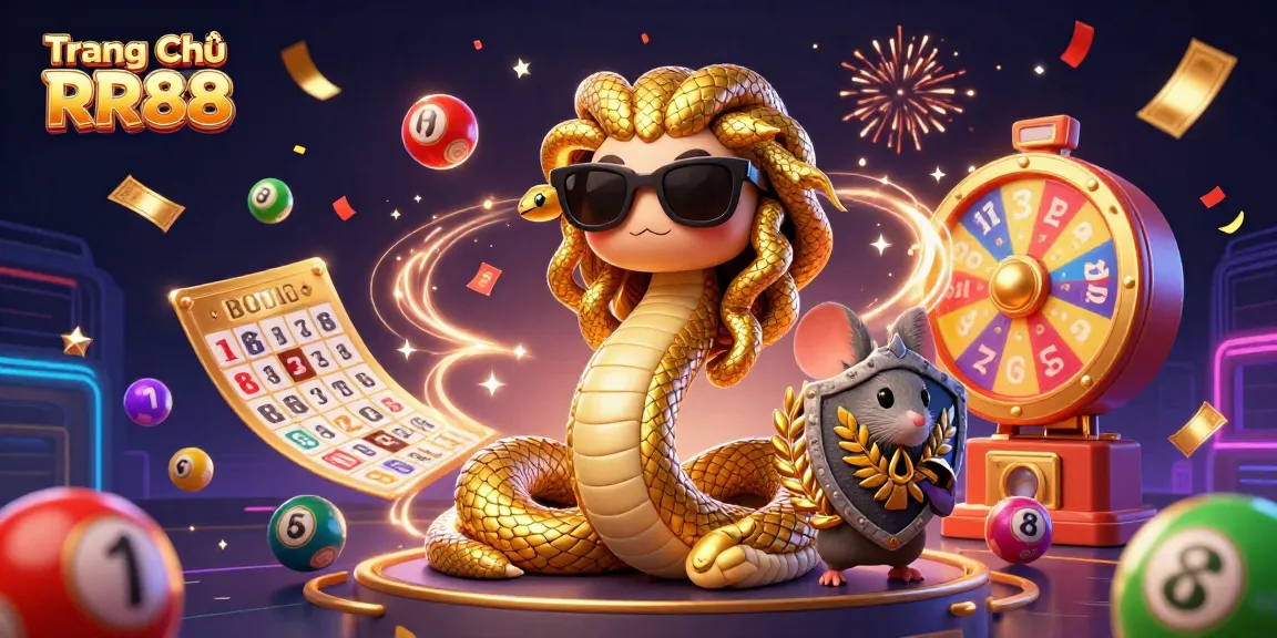 Engage in thrilling gaming with Trang Chủ RR88 featuring a vibrant scene of lottery balls and exciting characters.