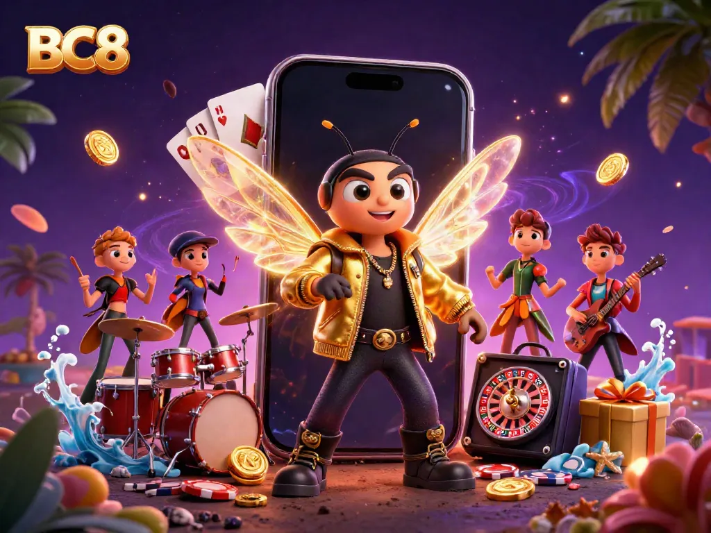 Engaging BC8 gaming scene with a cicada rock star and vibrant slot game visuals.