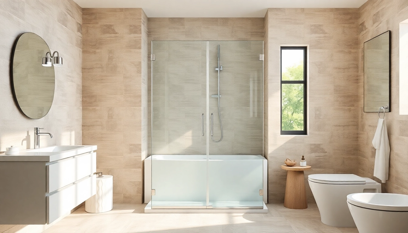 Showcase sleek shower screen sliding door in a modern bathroom setting, reflecting a serene ambiance.