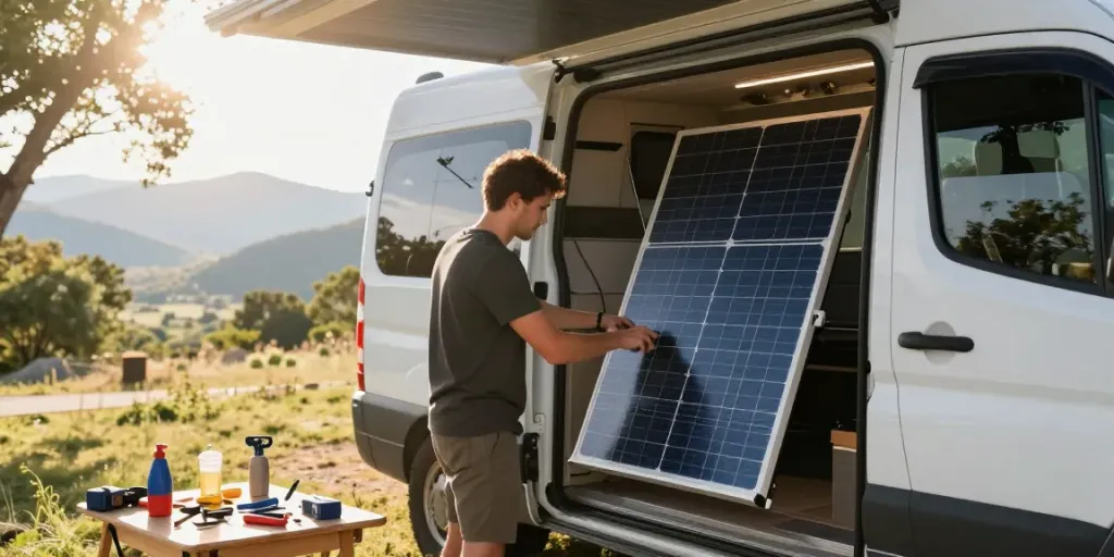ROKOK88 van enthusiast installing solar panels on a campervan in a scenic outdoor setting.
