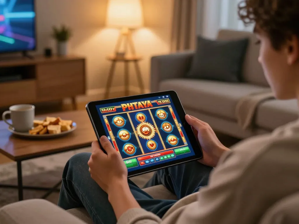 SLOT PHTAYA gaming on a tablet in a cozy home setting, showcasing excitement and relaxation.