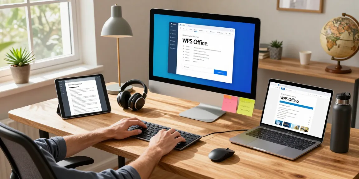 Efficient workspace featuring WPS Download on computer screen with modern office setup.