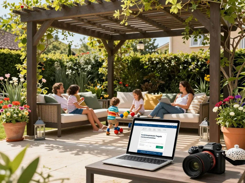 Famiglia che si gode un configuratore pergole con preventivo sotto una pergola esterna splendidamente progettata in un giardino vivace