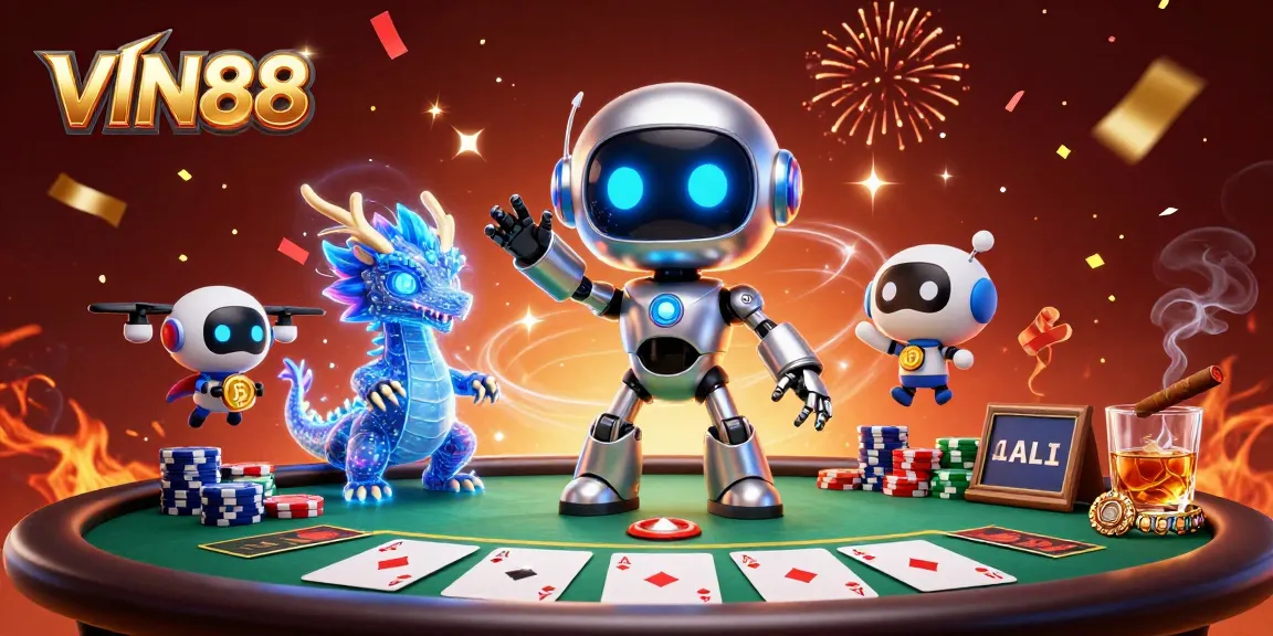 Experience thrilling gameplay with VIN88, featuring a cyberpunk robot and a bitcoin-themed drone in a vibrant casino setting.