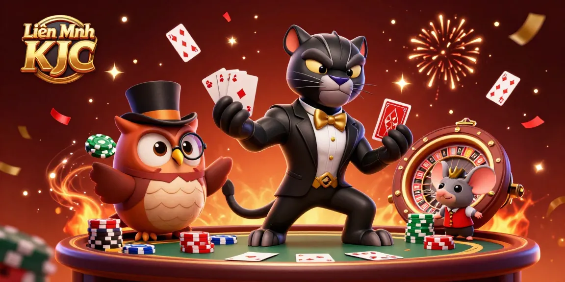 Engage in the thrilling world of Liên Minh KJC online casino with vibrant characters, chips, and games.