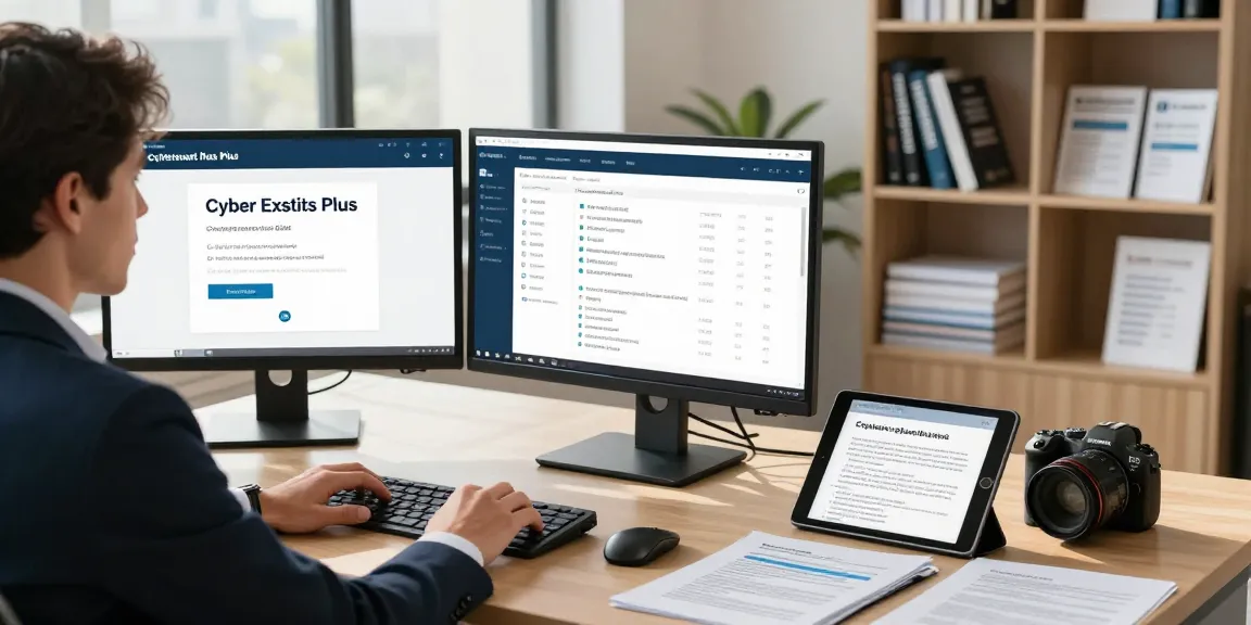 Business professional using cybersecurity compliance software for cyber essentials plus certification in modern office.