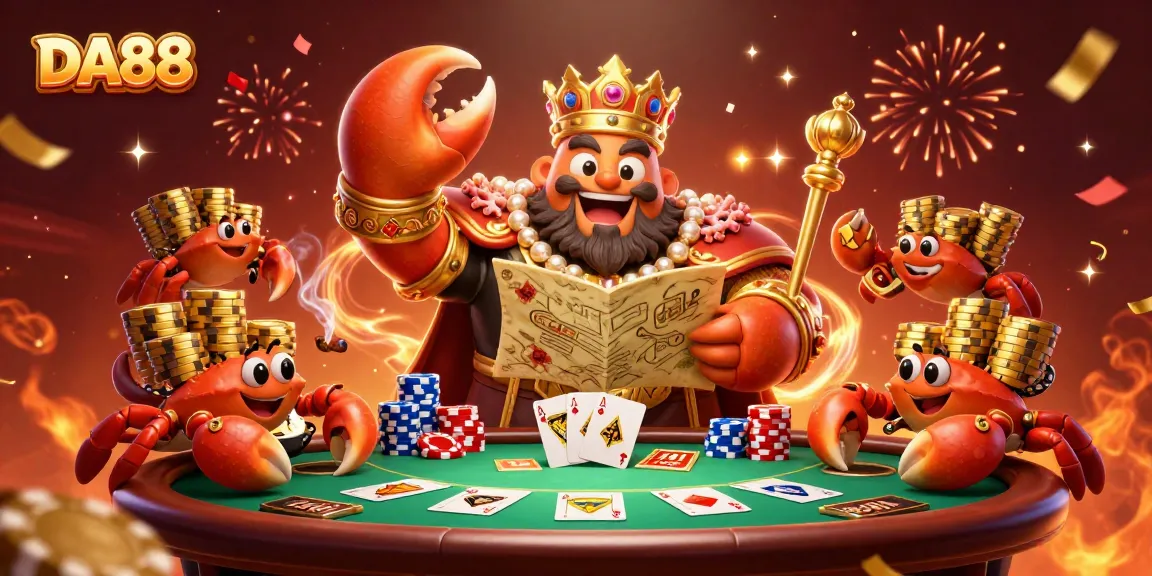 Join the DA88 poker table game with a golden crab emperor and treasure cues in a vibrant casino scene.