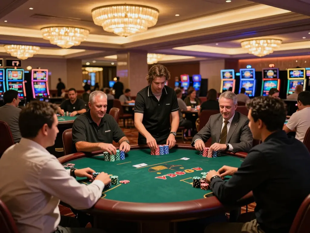 Engaged players at VB88 poker tables showcasing vibrant chips in an upscale casino atmosphere.