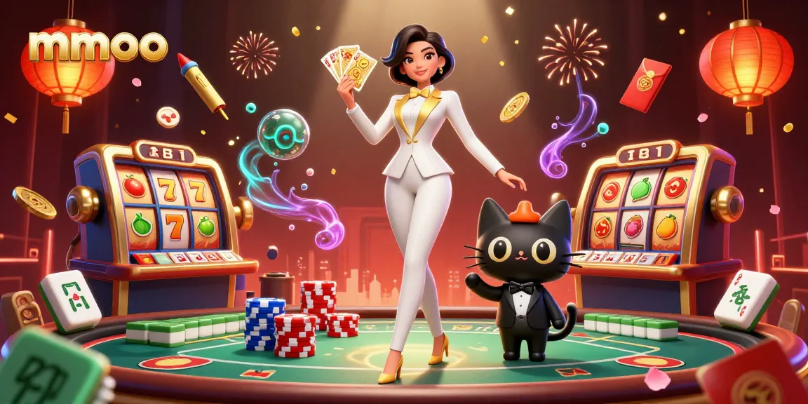 Experience mmoo gaming excitement as a glamorous dealer manages poker and slot games in an electric atmosphere.