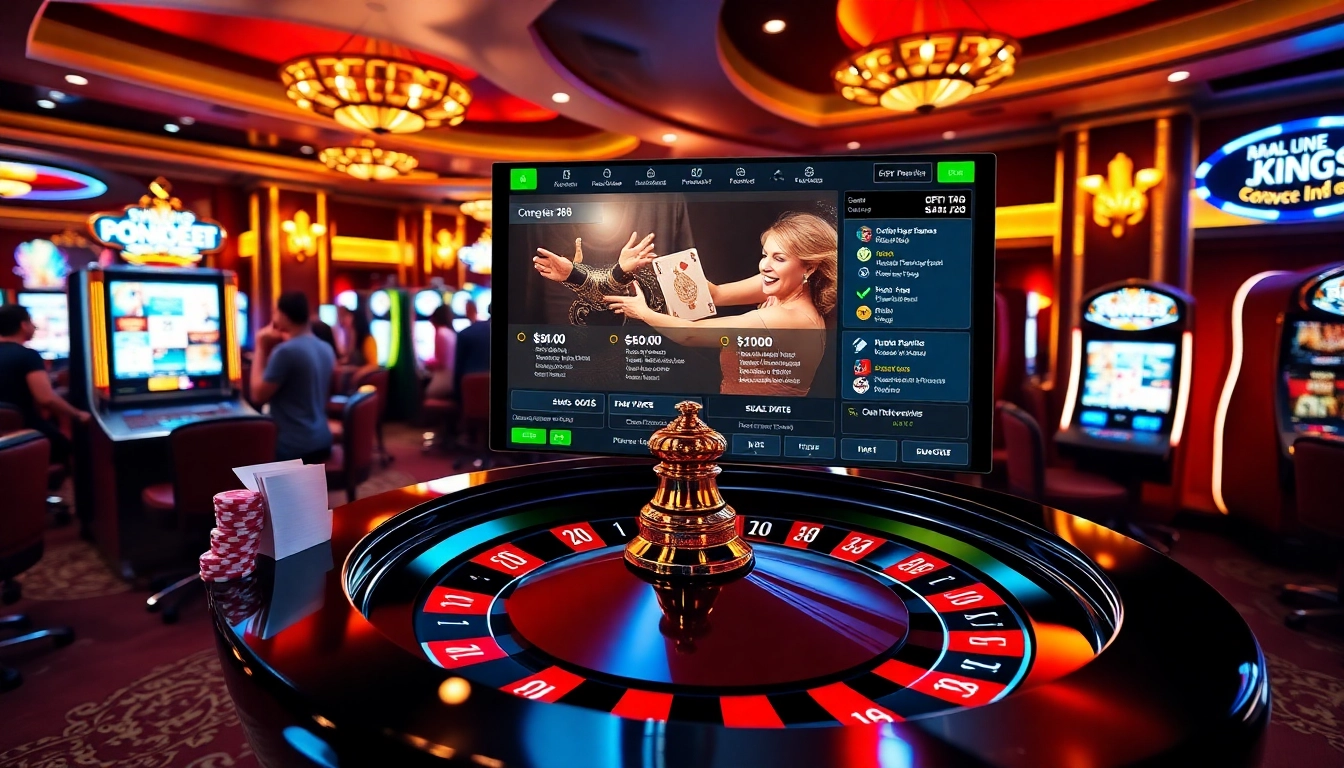 Engaging scene of Open88 online gambling, featuring roulette, poker chips, and vibrant players.