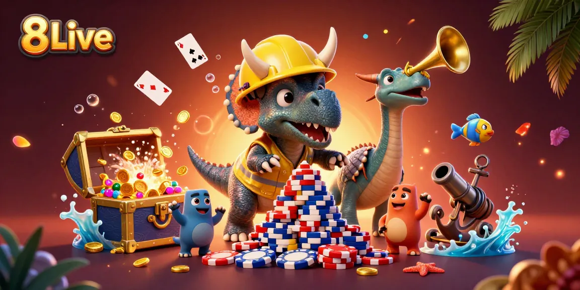 Celebrate wins with 8Live as characters build poker chip pyramids in a vibrant casino scene.