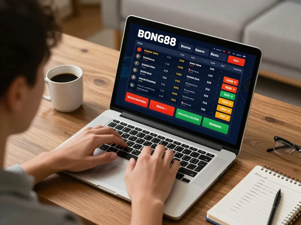 BONG88 user engaged in online sports betting with live odds displayed on laptop, showcasing a strategic gaming environment