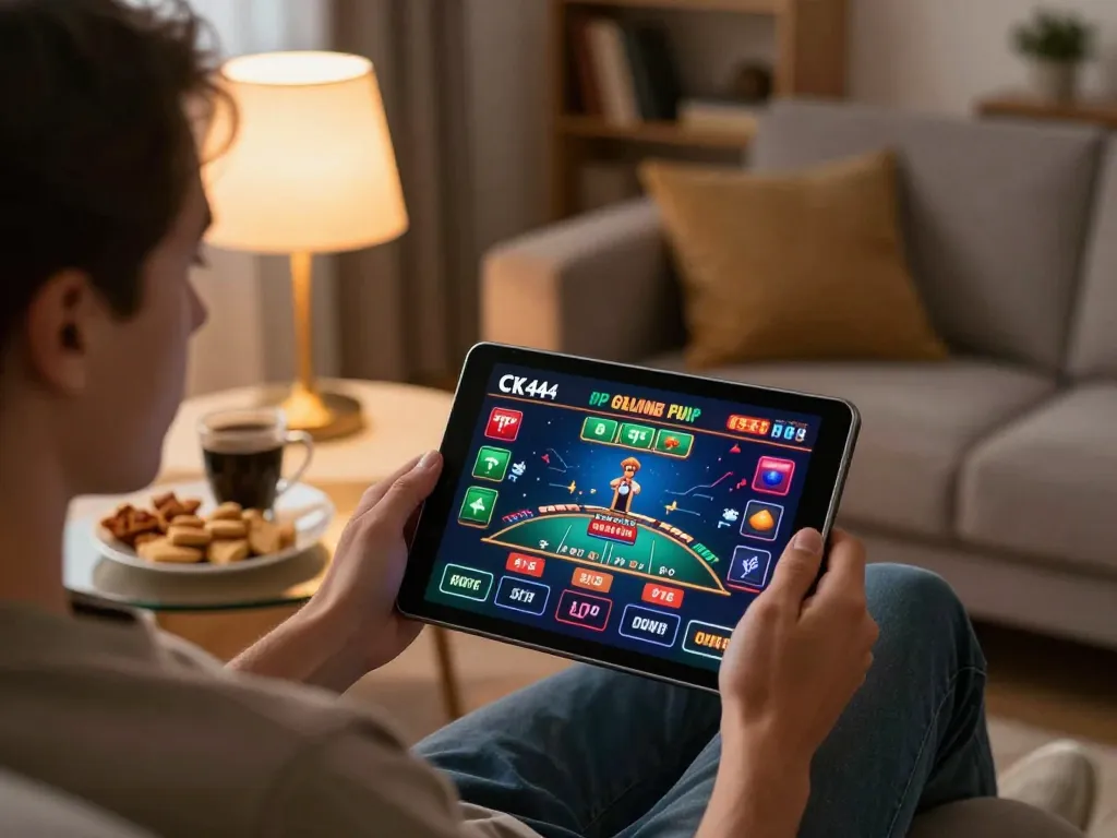 CK444 player engaged in online gambling on a tablet with a cozy home setting.