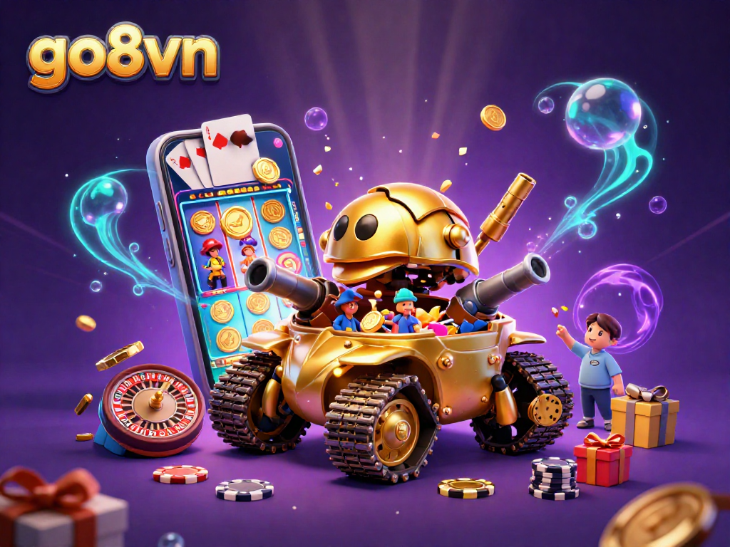 Experience exciting wins with go8vn's vibrant gaming scene featuring a golden casino beetle tank.