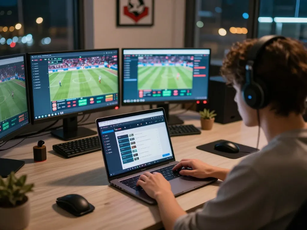 Betting enthusiast using 9bet platform on laptop in a cozy room.