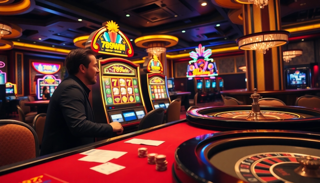 Experience the excitement of gambling at 789win, showcasing vibrant slot machines and poker tables.