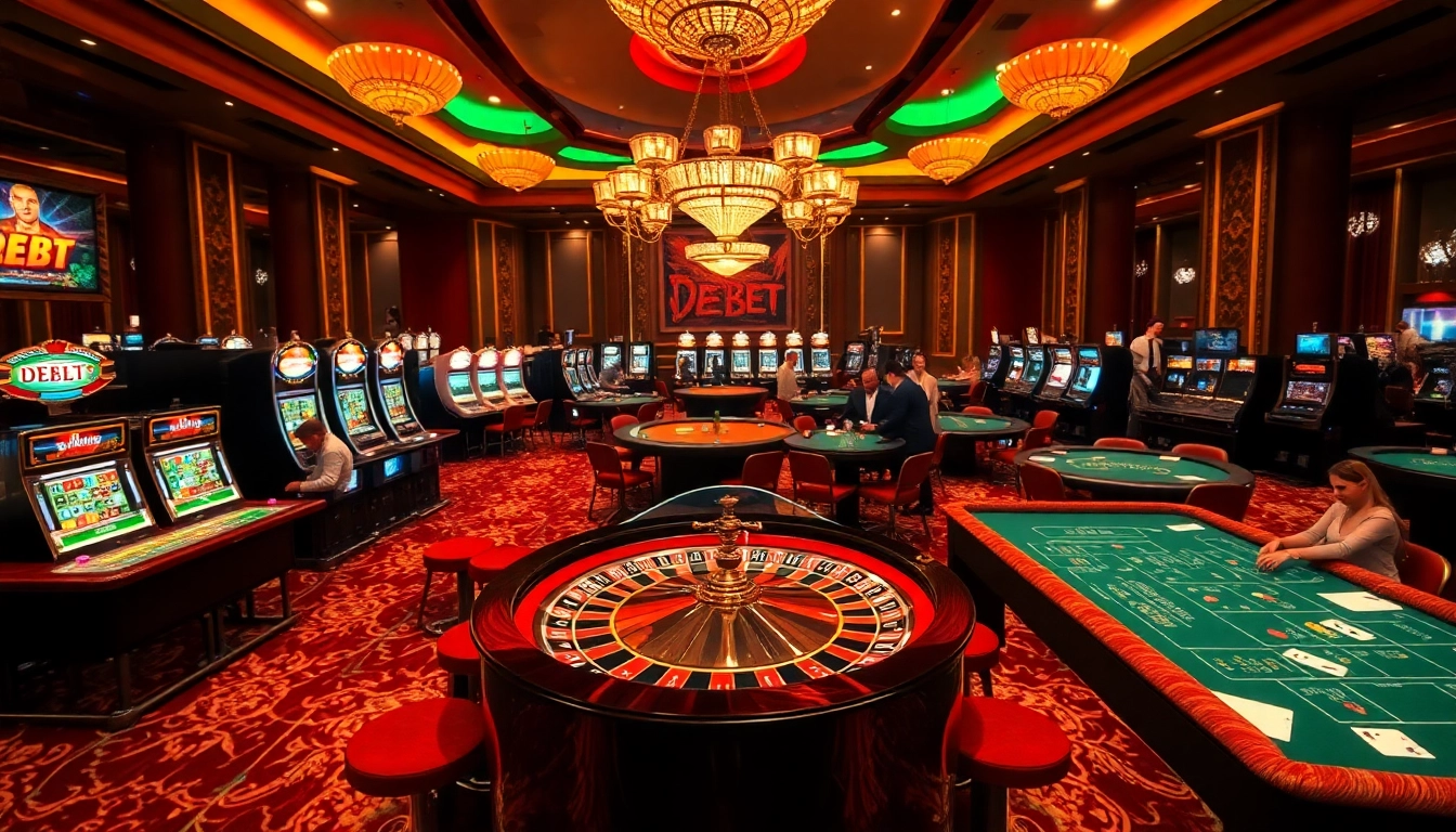 Experience the thrill of gambling with DEBET in a luxurious casino setting featuring vibrant tables and machines.