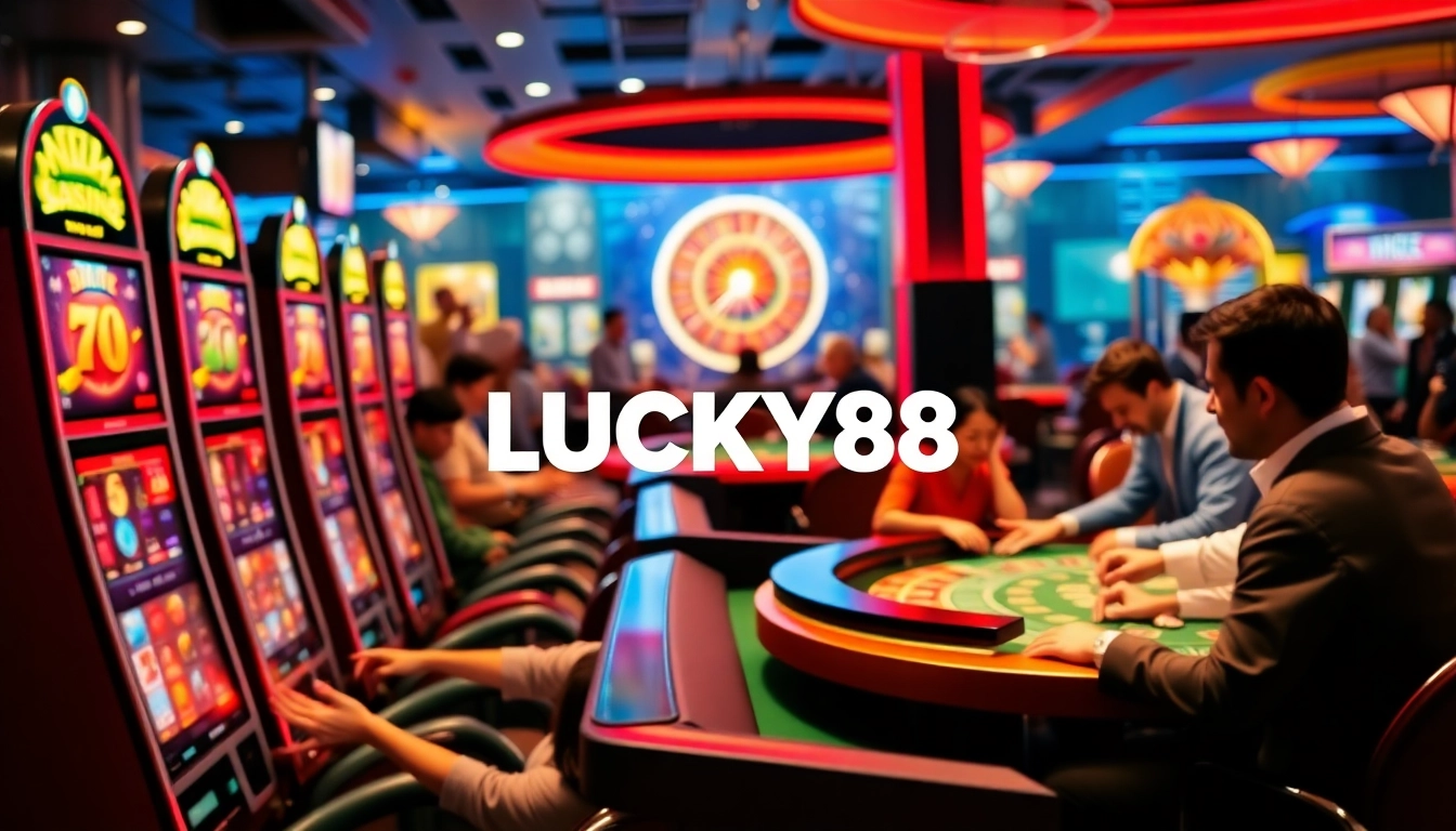 Players celebrating wins at LUCKY88 casino, surrounded by colorful slot machines and roulette.