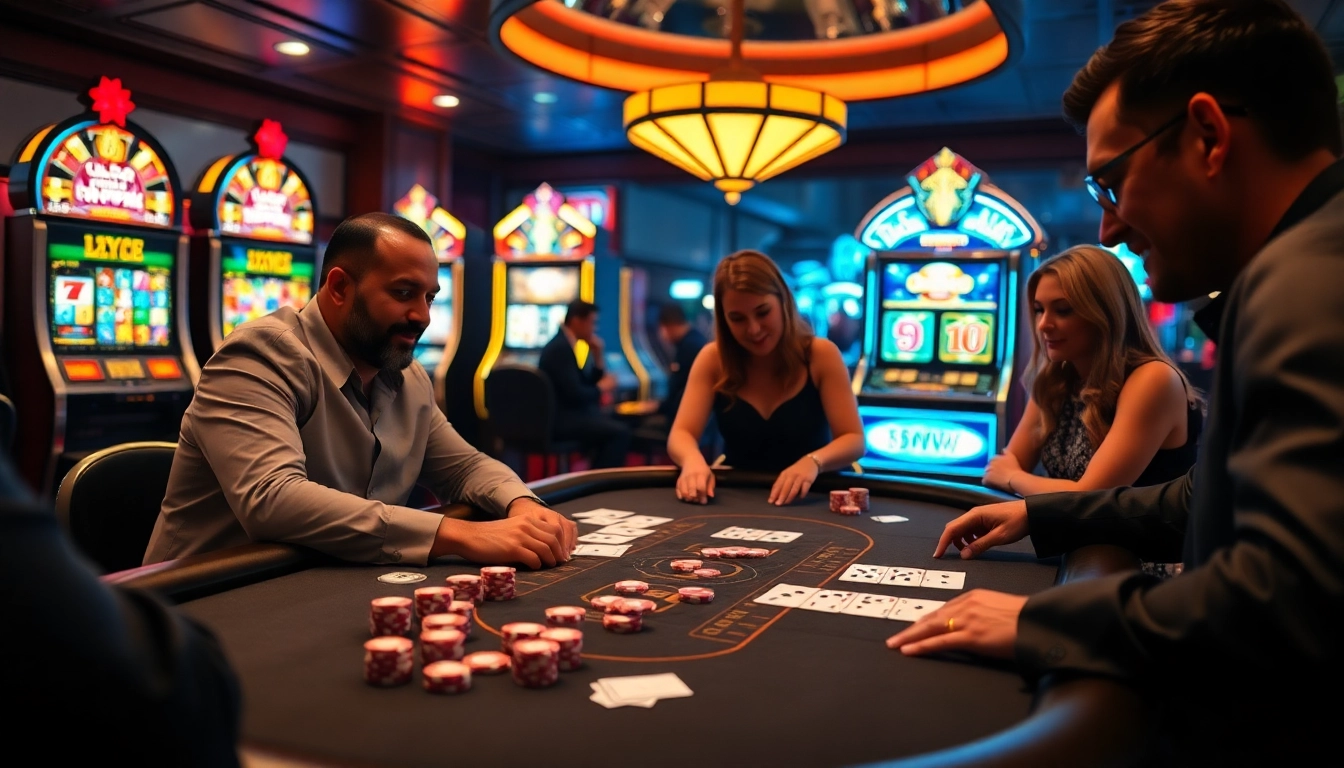 Players enjoying blackjack excitement at 55WW online casino with vibrant poker chips and thrilling atmosphere.